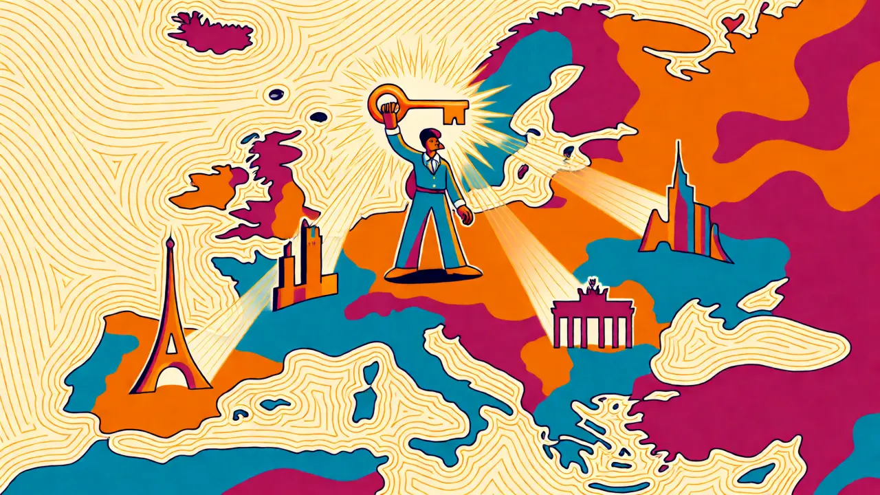 Stylized map of Europe with a golden key emitting light beams, symbolizing MiCA passporting rights.