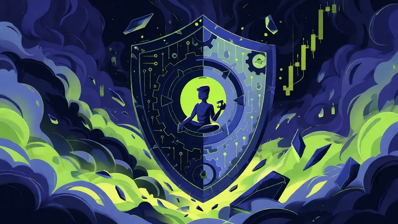 Stylized shield protecting a user from chaotic market volatility in neon colors