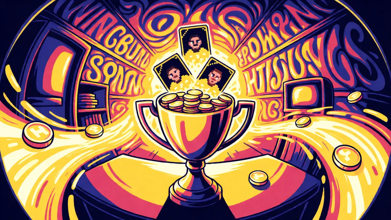 Stylized trophy overflowing with coins and NFT cards in a virtual office