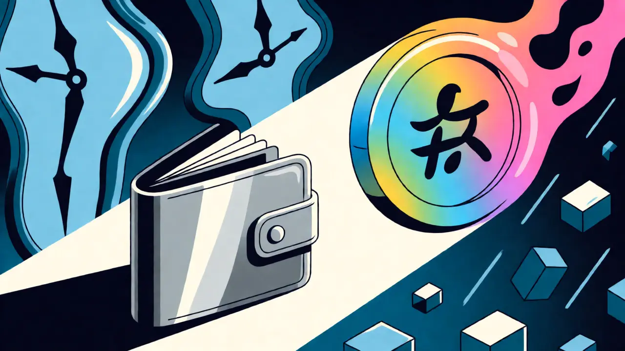 Stylized wallet reaching for a dissolving, deceptive token bubble.