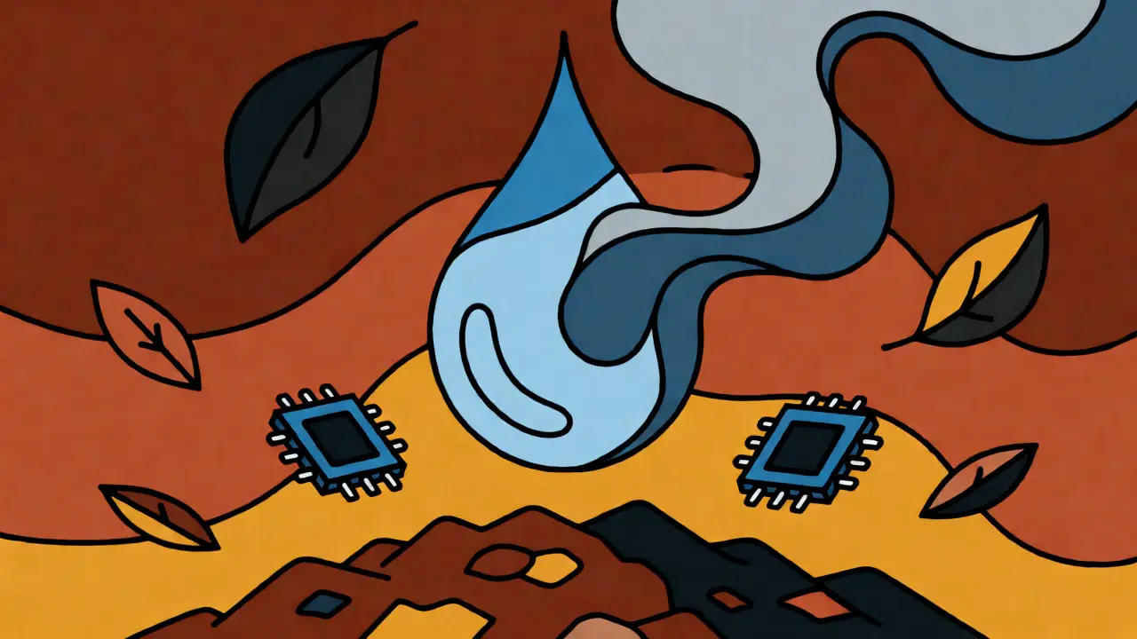 Stylized water turning to smoke with falling computer chips in a landfill