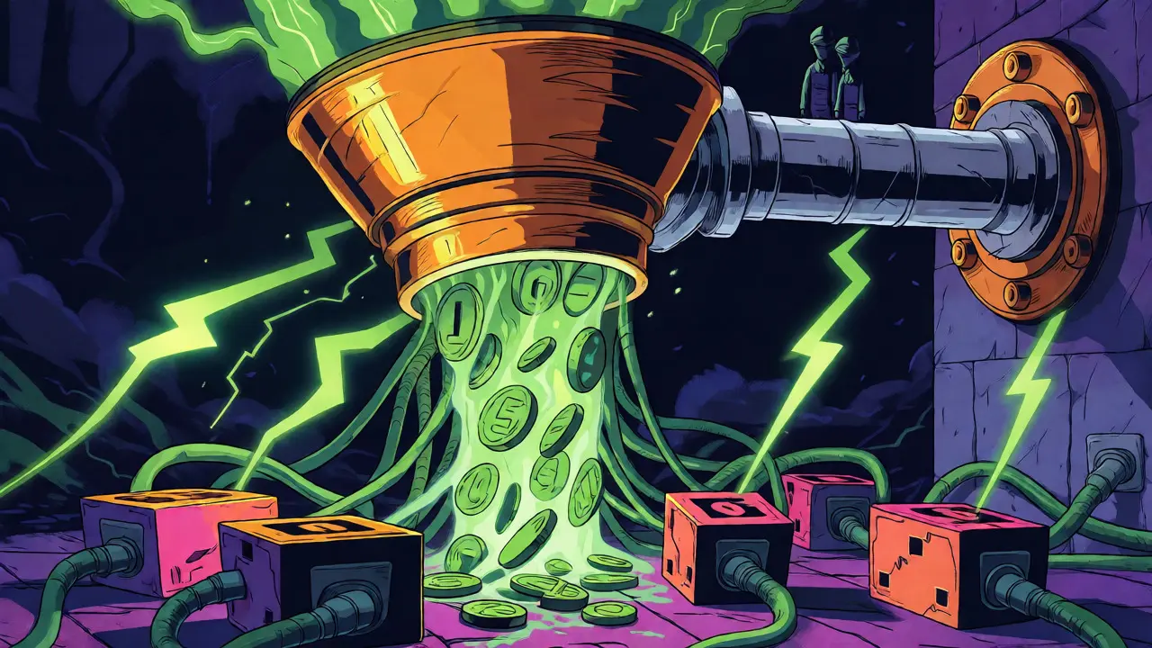 Surreal art showing digital coins flowing into a mandatory state-controlled gold funnel.