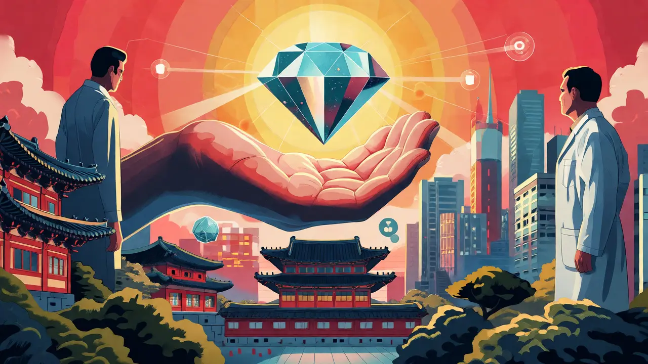 Surreal artwork of a hand holding a MED token over a connected city