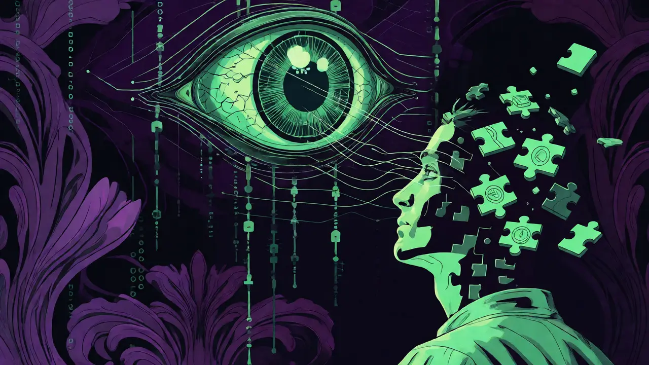 Surreal artwork showing a digital eye analyzing a fragmented human silhouette, symbolizing AI-driven personalization.