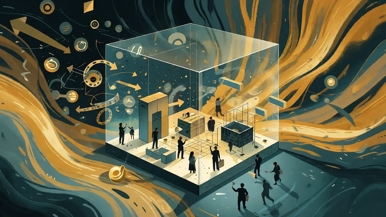 Surreal cartoon of a regulatory sandbox with workers inside a glass cube blocking external chaos.