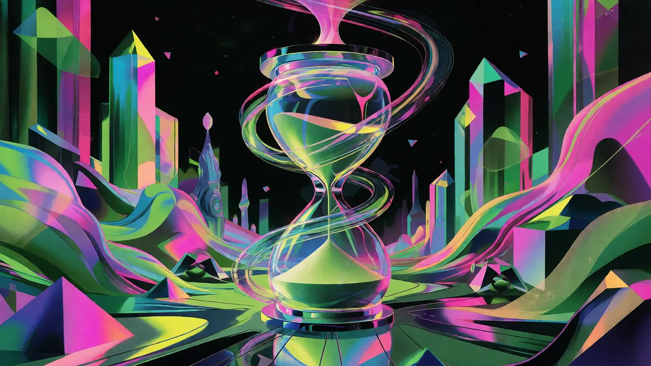 Surreal hourglass with rising sand in a neon abstract cityscape
