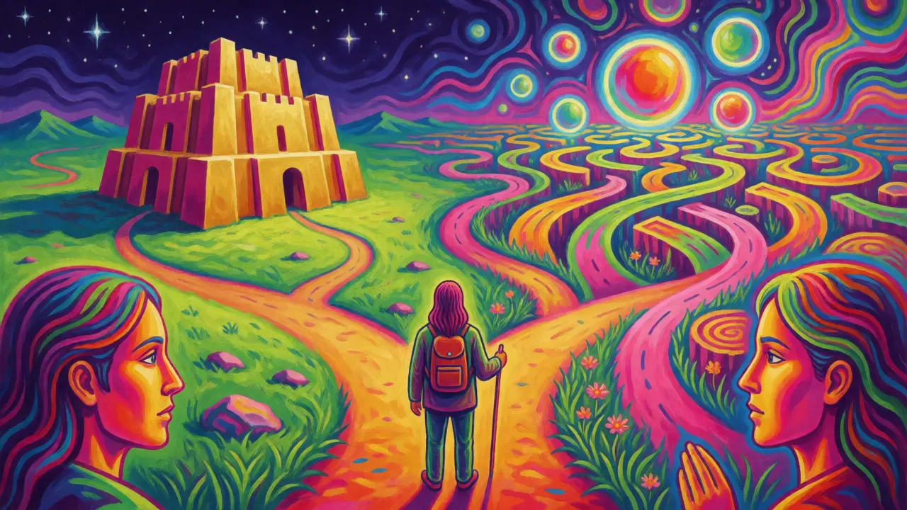 Traveler at a crossroads between a golden fortress and a swirling psychedelic maze.