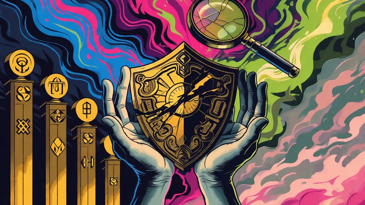 Wes Wilson style graphic of a cracking shield held by hands, warning of risky crypto investments.