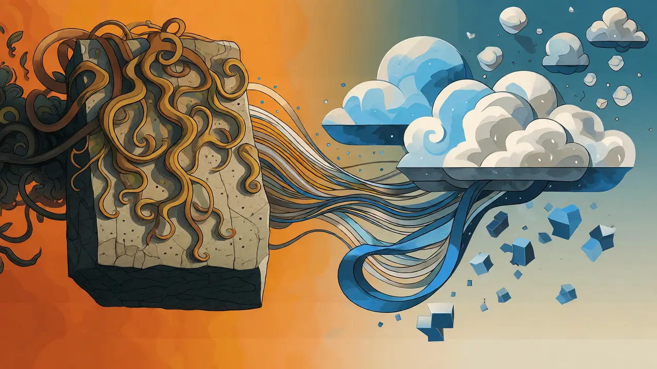 Abstract art contrasting heavy on-premise servers with floating cloud infrastructure.