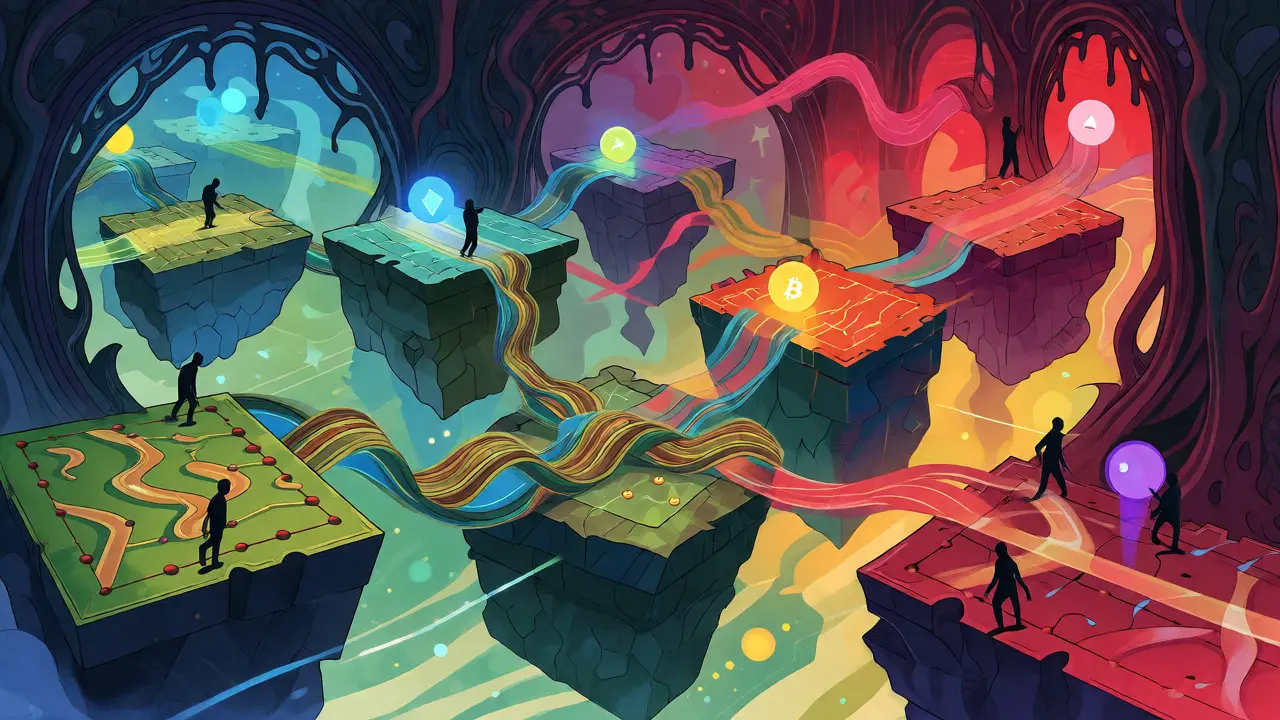 Abstract art showing crypto orbs traveling across colorful bridges between blockchain islands.