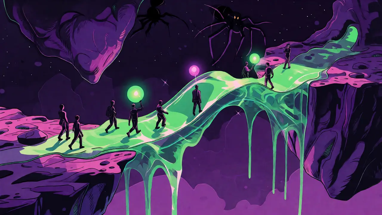 Abstract bridge connecting islands with shadowy threats hovering above