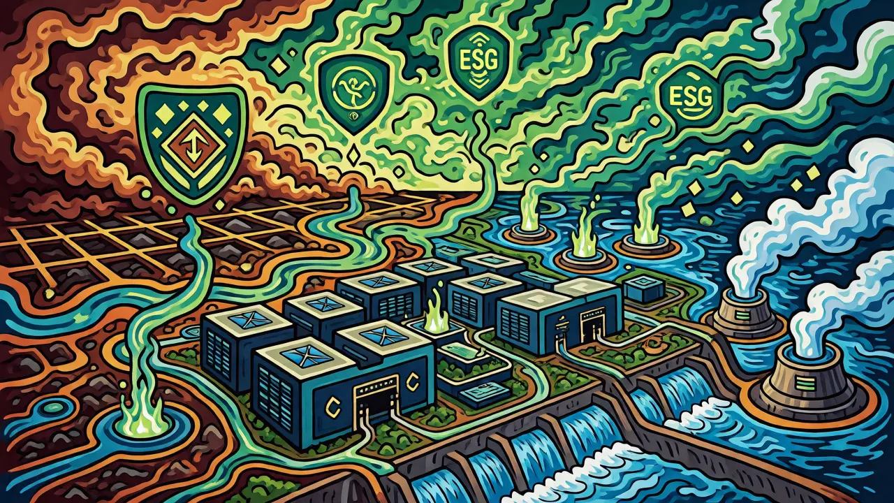 Abstract depiction of sustainable crypto mining powered by hydroelectricity.