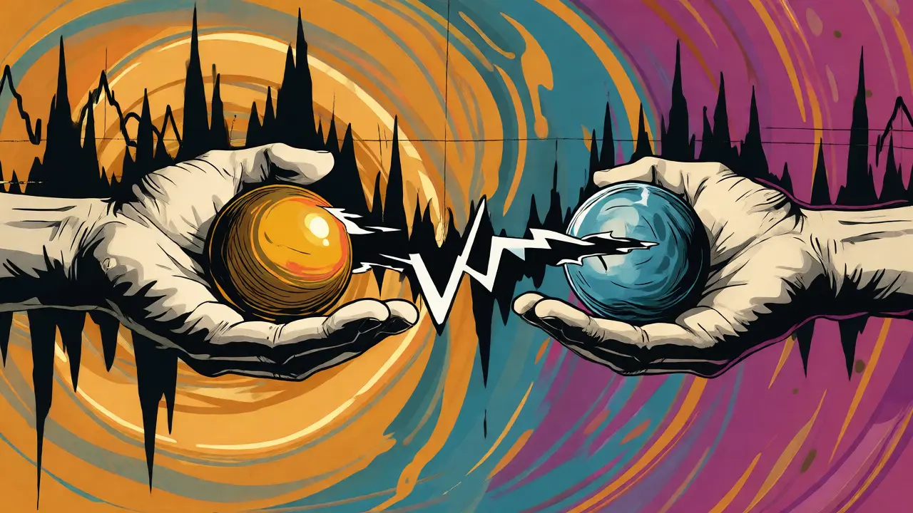 Abstract hands holding sun and moon orbs separated by jagged volatility lines