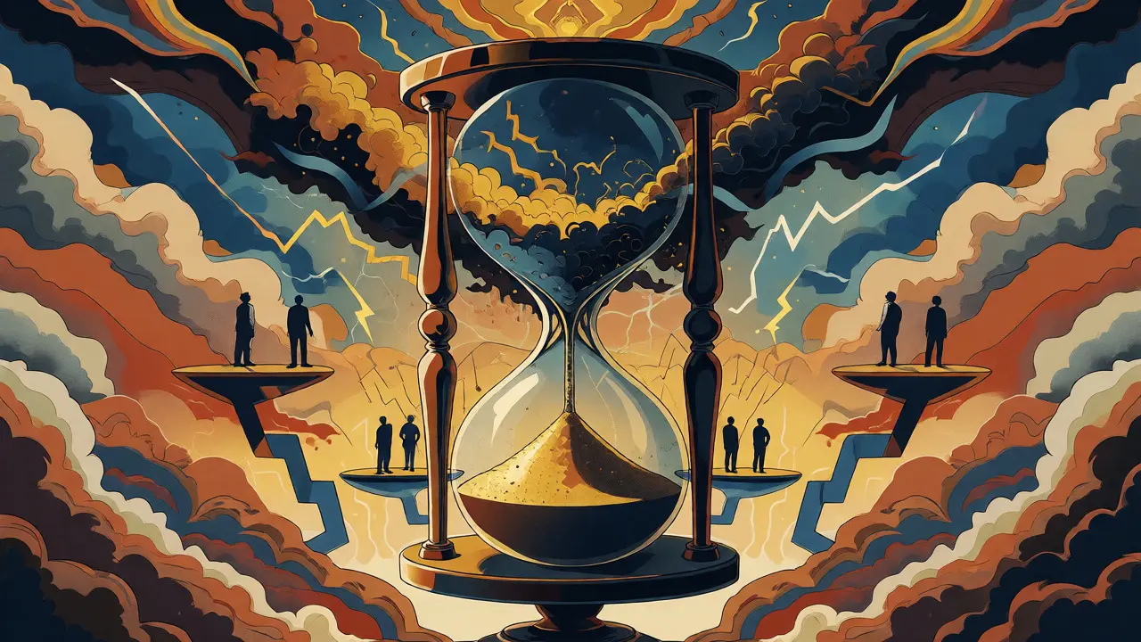 Abstract hourglass with gold and storm clouds surrounded by economic symbols in psychedelic style.