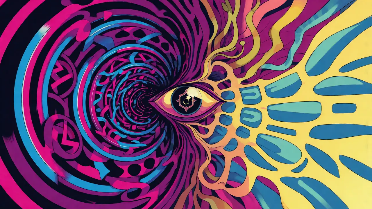 Abstract psychedelic illustration comparing Monero's chaotic rings with Zcash's structured paths.