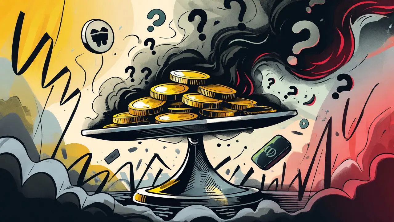 Abstract scales balancing coins against risk clouds in psychedelic art