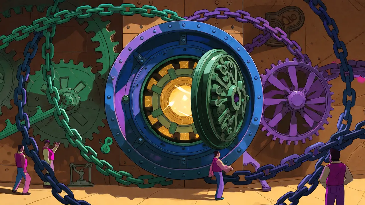 Abstract vault and gears illustrating token vesting mechanics