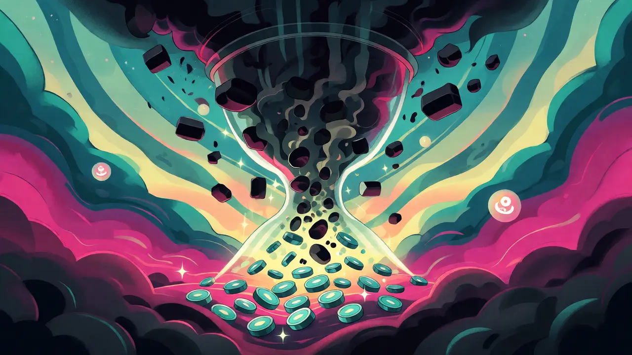 Abstract visual of energy reduction showing heavy blocks transforming into light digital coins.