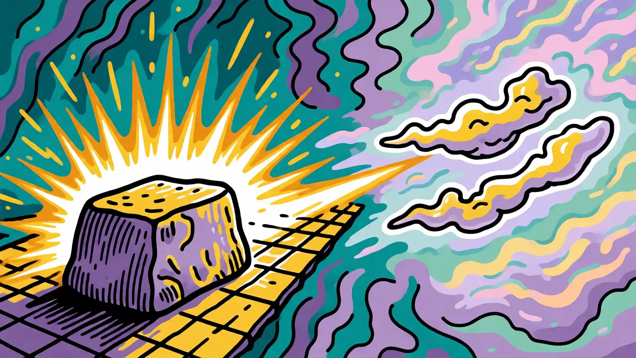 Artistic comparison of solid on-chain blocks and floating off-chain data clouds.