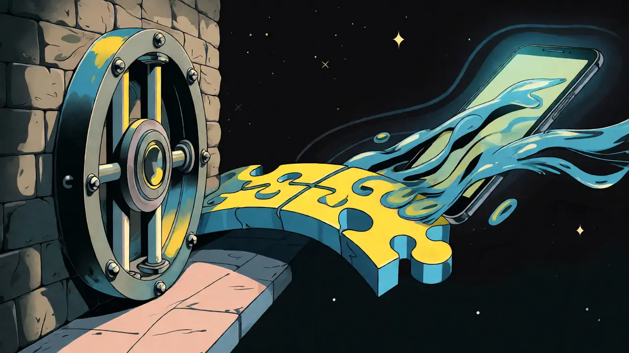 Artistic depiction of a bridge connecting a bank vault to a digital data stream.