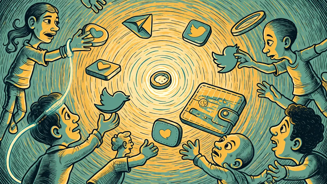 Cartoon characters engaging with social media icons and connecting wallets for an airdrop campaign.