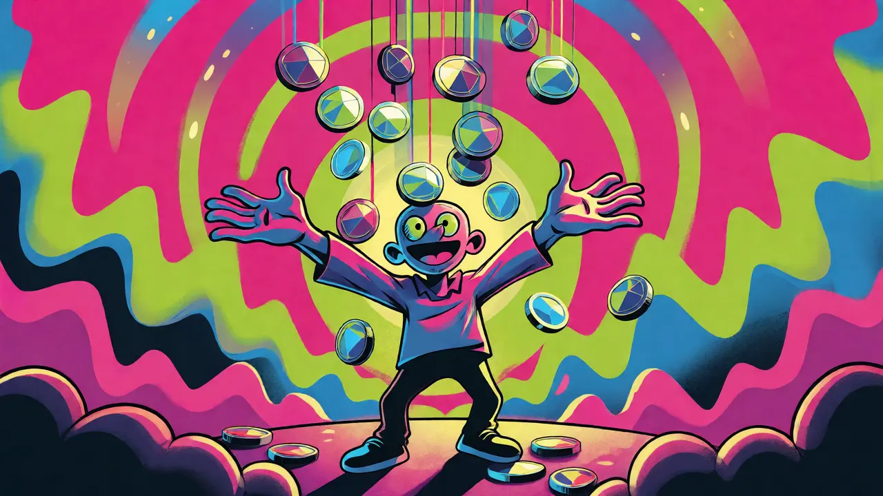 Cartoon figure catching falling crystal tokens in a vibrant, patterned background