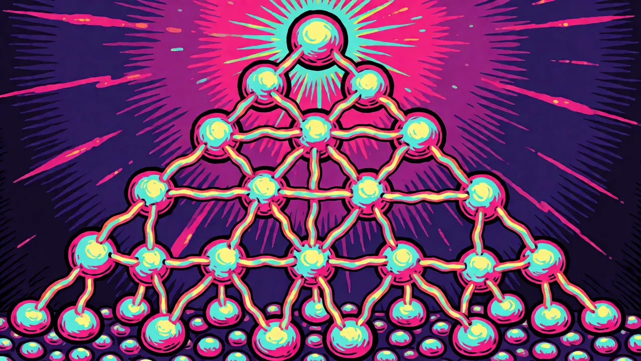 Colorful psychedelic art showing a Merkle tree structure connecting transaction nodes.