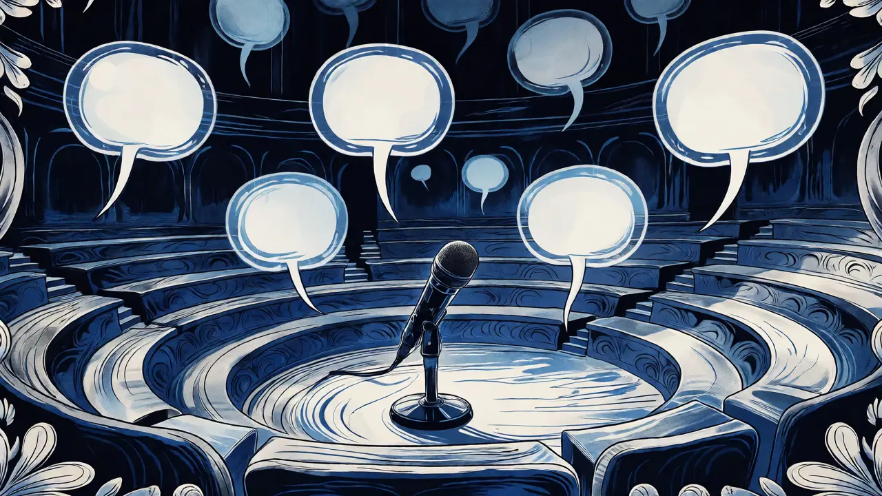 Empty amphitheater with blank speech bubbles symbolizing the lack of user reviews for Blocktane.