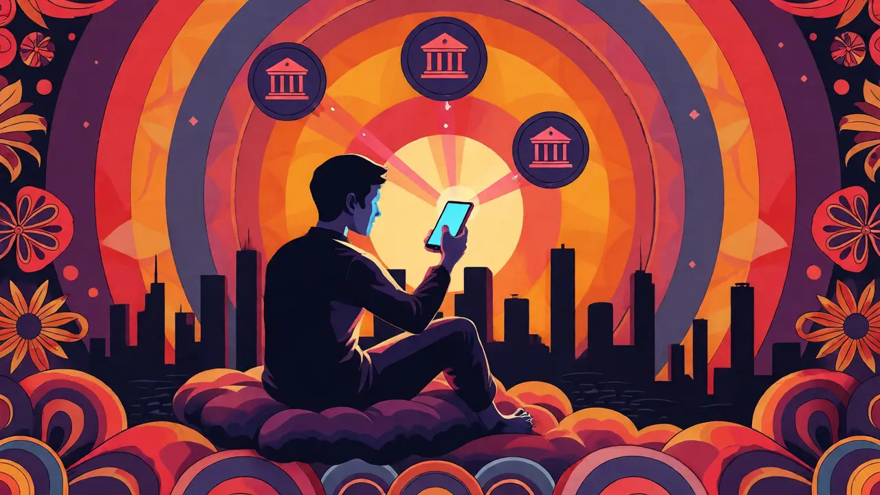 Figure relaxing above city with phone connecting banks and crypto