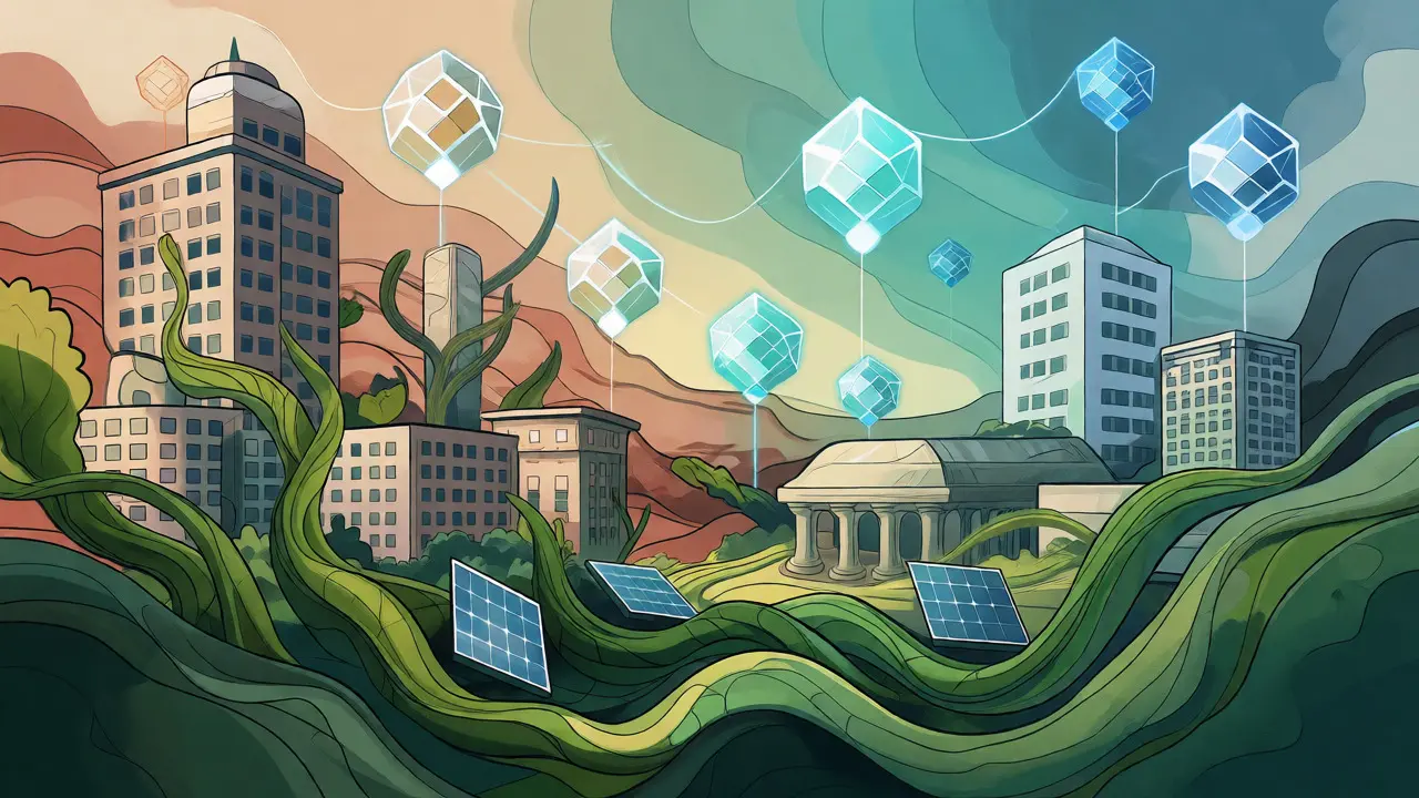 Futuristic cityscape blending corporate buildings with nature and clean blockchain nodes.