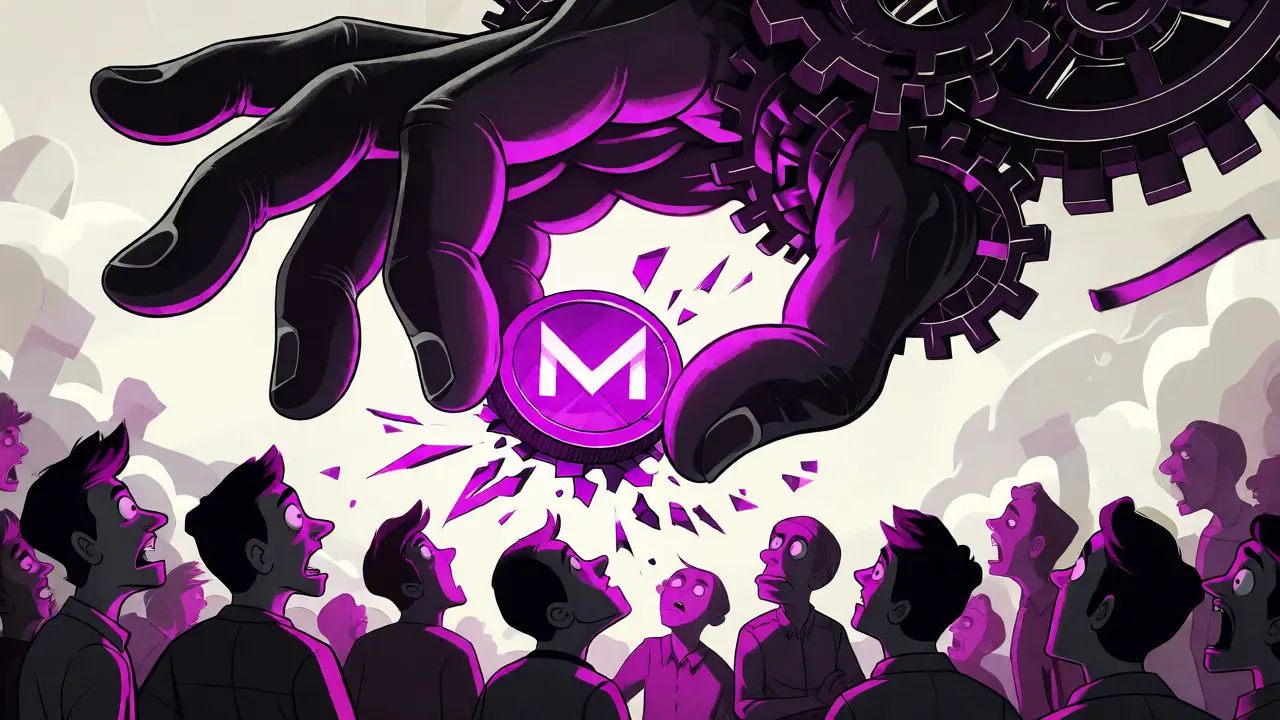 Giant mechanical hand crushing a purple coin amidst alarmed figures
