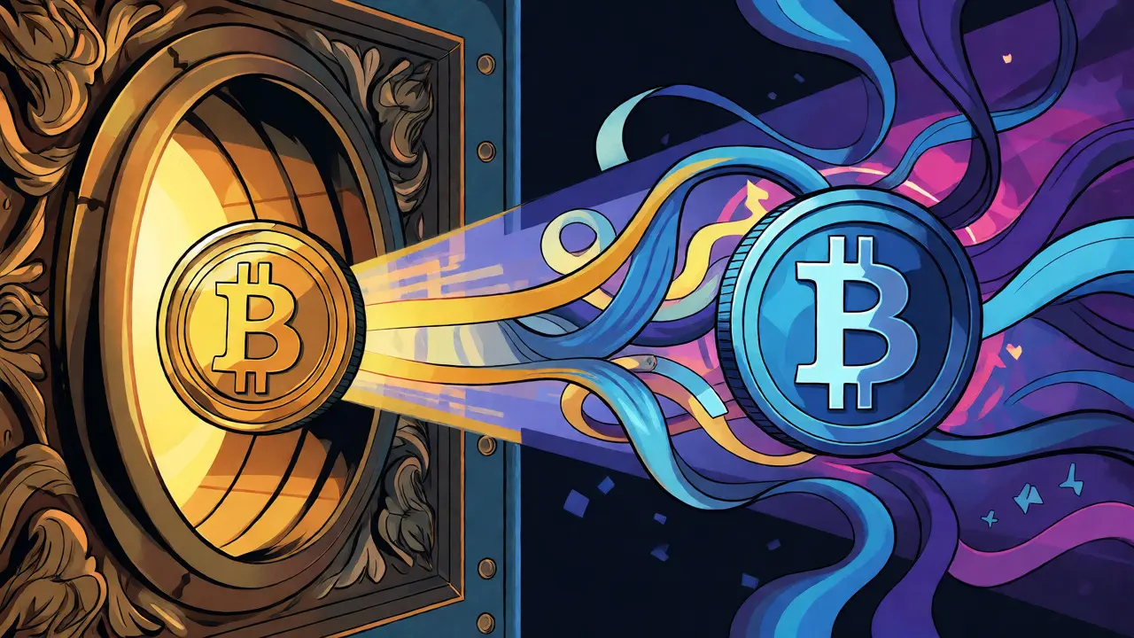 Illustration of a coin entering a vault and transforming into a digital token via light