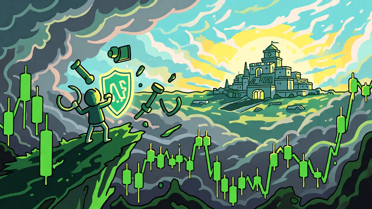 Illustration of a gamer shielding against market volatility and phishing risks.