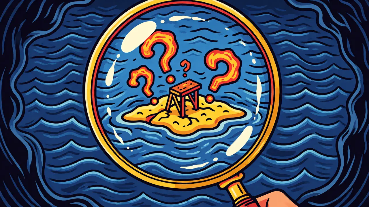 Illustration of a magnifying glass examining a small, isolated island in a vast ocean.