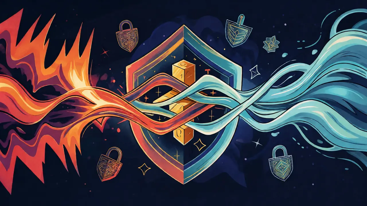 Intertwining orange and teal energy fields protecting a golden block