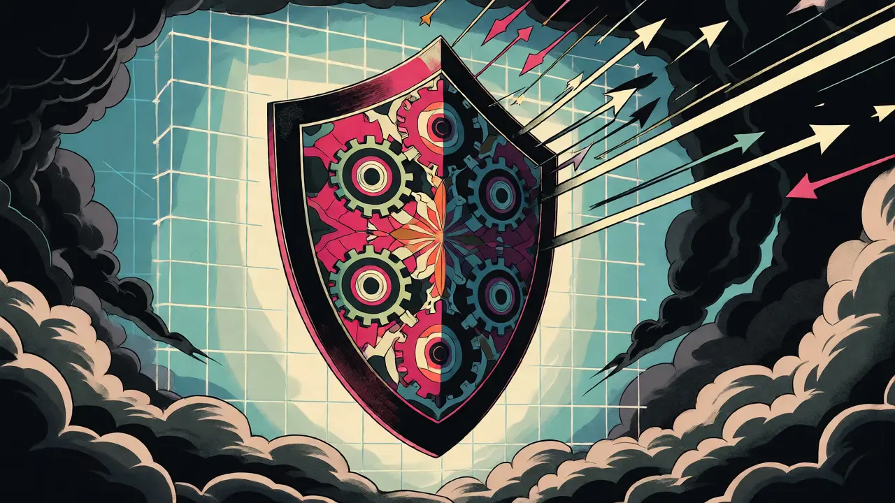 Kaleidoscopic shield blocking data arrows, representing DeFi security defenses.