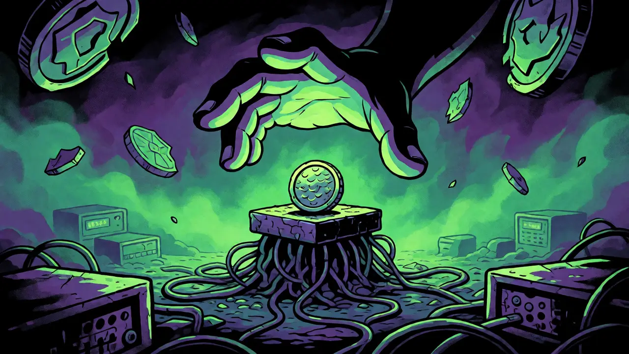 Lonely scaled coin on dead servers under a ghostly hand