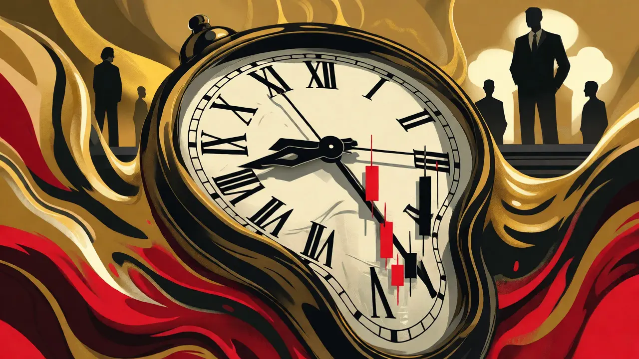 Melting clock with downward chart hands surrounded by swirling gold and red colors.
