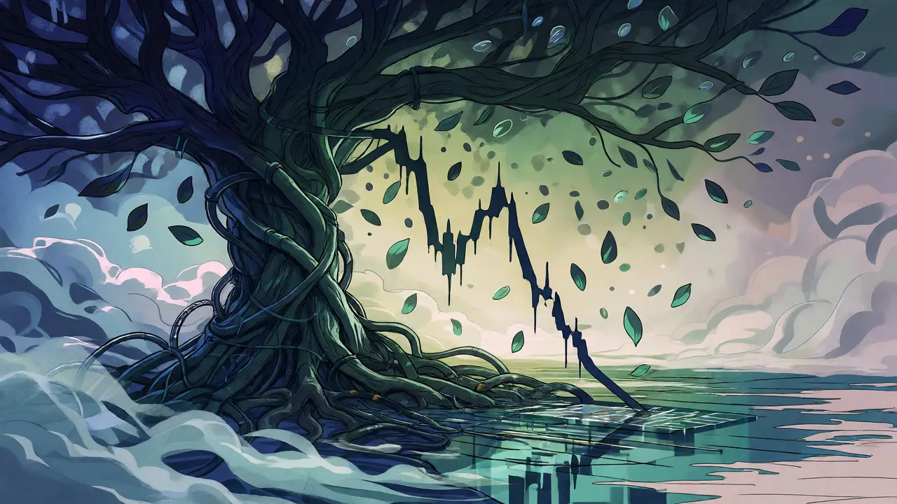 Metaphorical tree with cable roots shedding coin-leaves into a reflective pool.