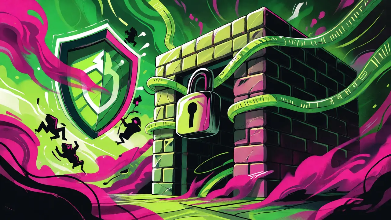 Secure vault protected by a shield amidst swirling data streams