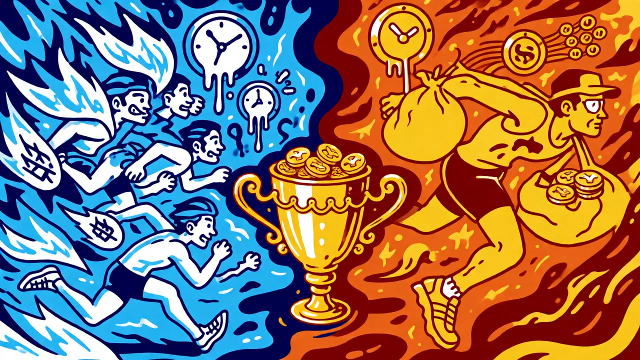 Split-scene cartoon comparing fast point-burning vs. slow staking for crypto rewards.
