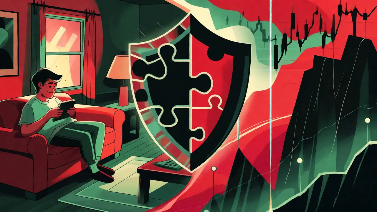 Split-scene illustration balancing casual gaming and market risks