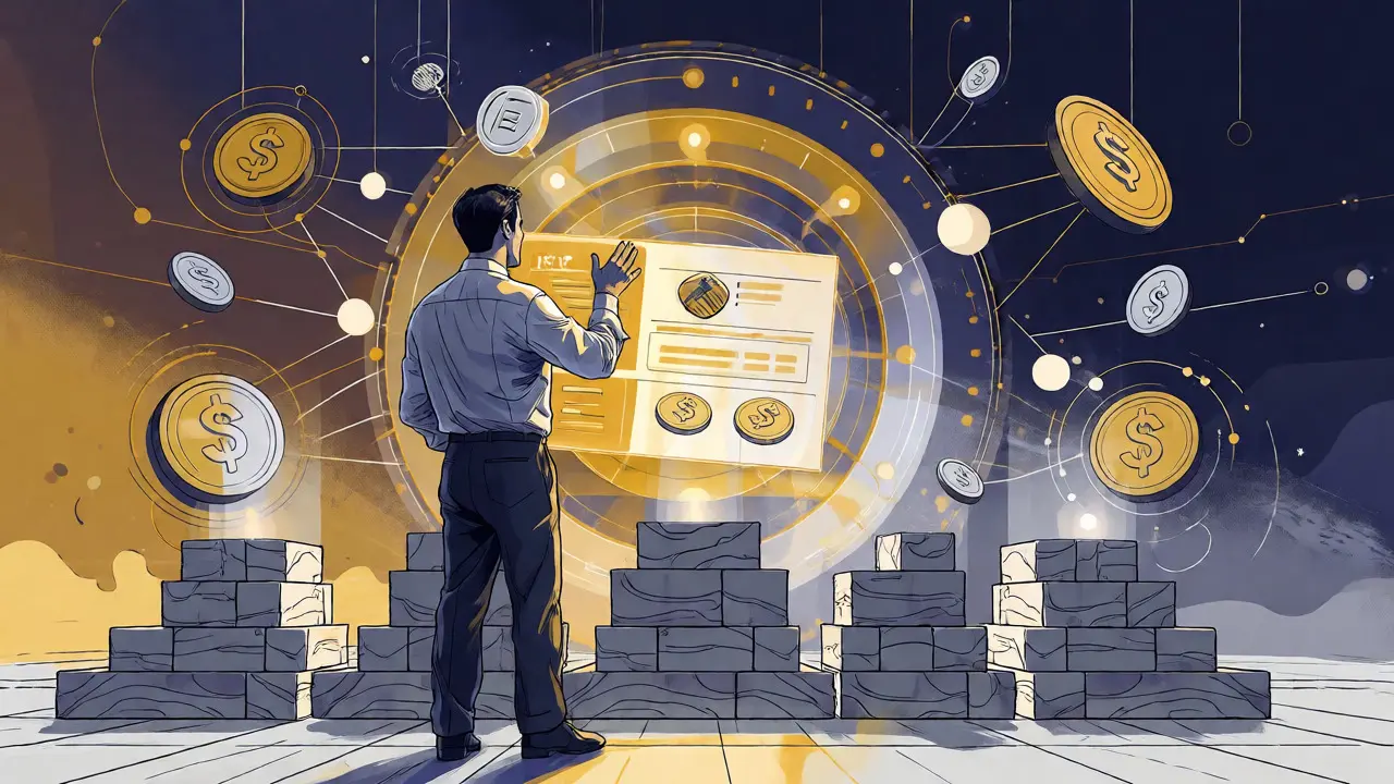 Stylized illustration of a professional trader using an institutional-grade DeFi interface.