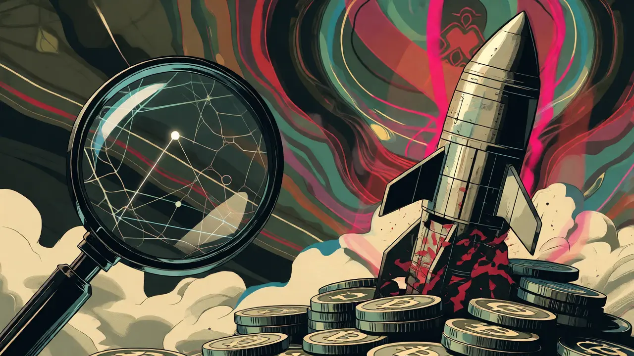 Stylized image linking stolen crypto tokens to missile structures via analytical threads.