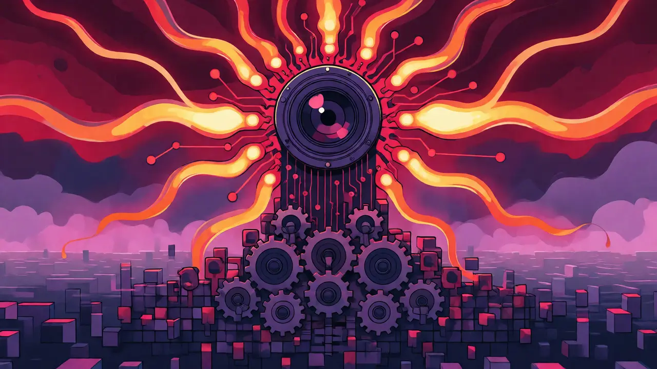 Stylized mechanical eye monitoring crypto keys with vibrant psychedelic colors.