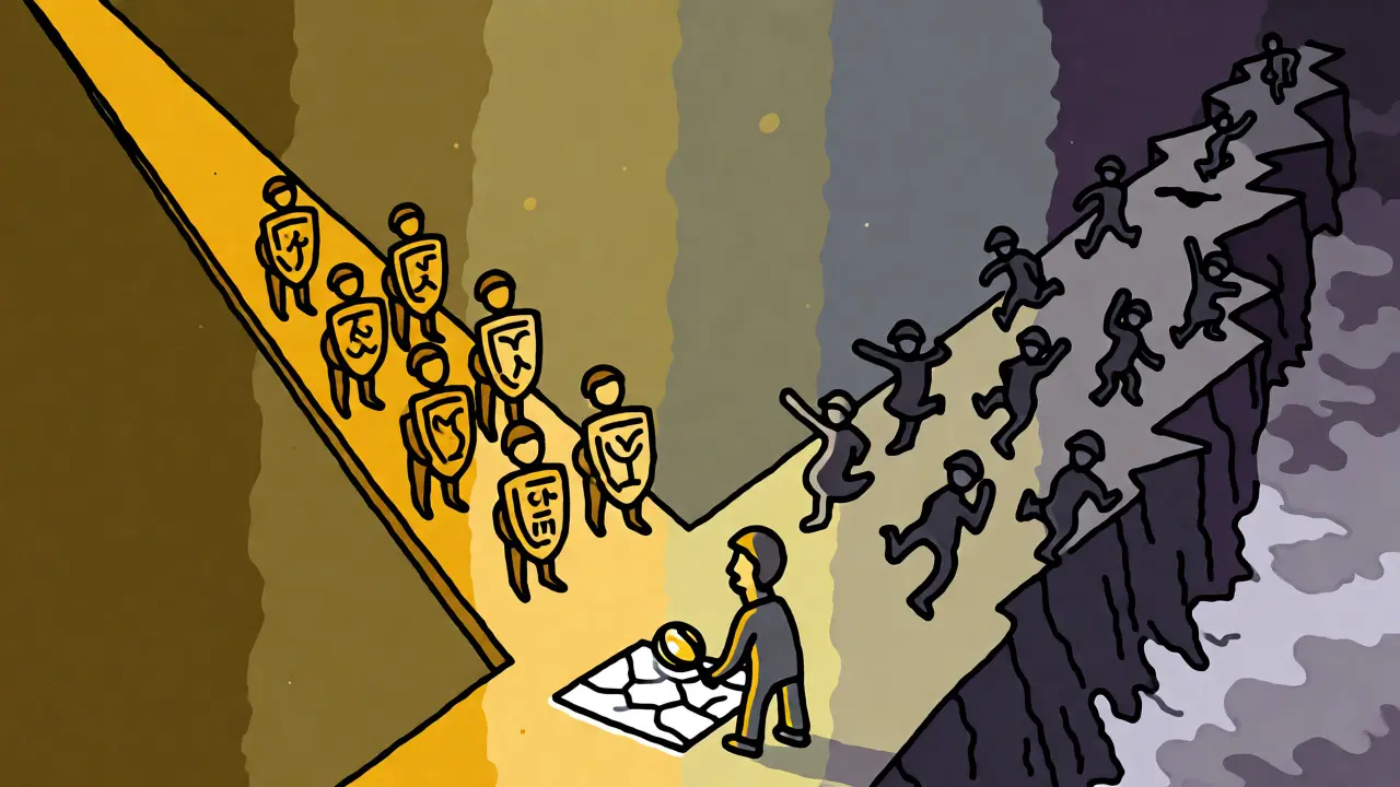 Stylized visual metaphor comparing secure DeFi paths against risky scam cliffs with an explorer at the crossroads.