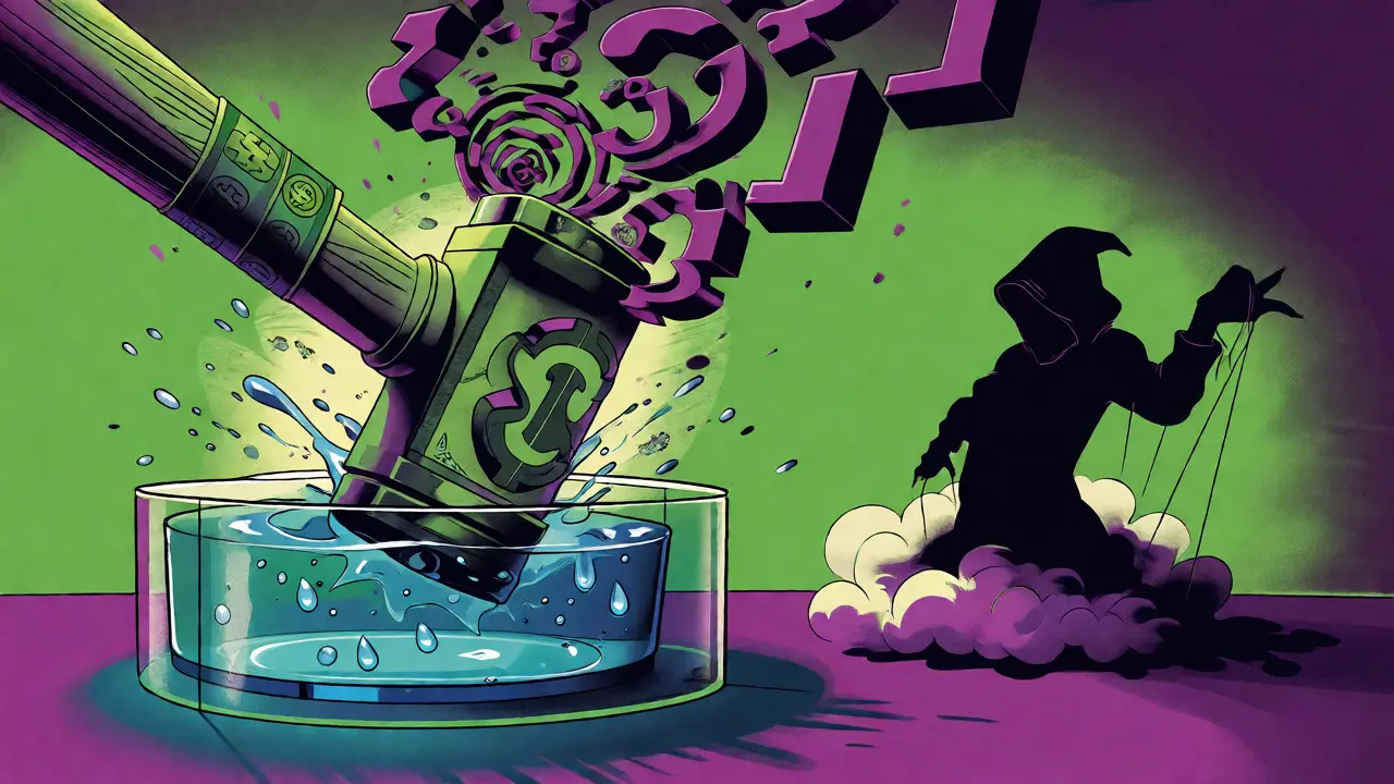 Surreal art showing a hammer of money smashing a liquidity pool, manipulated by a shadowy figure.