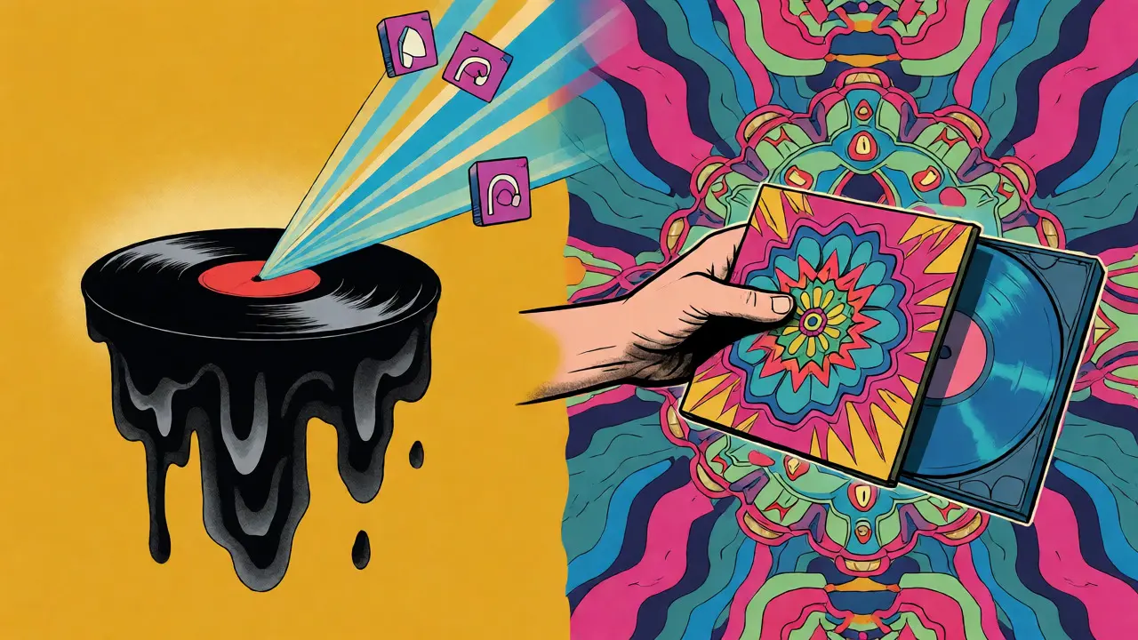 Surreal art showing a vinyl record connecting to digital NFTs and physical CDs.