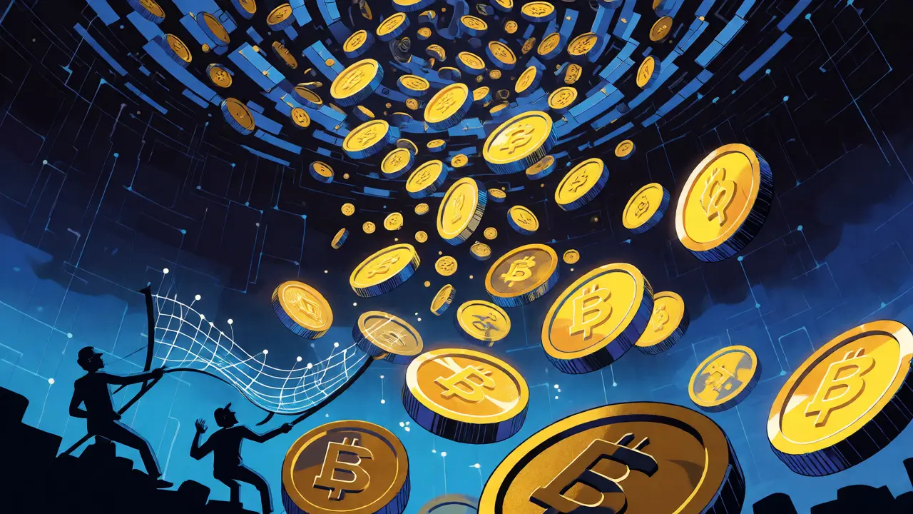 Surreal art showing giant coins falling into a digital void