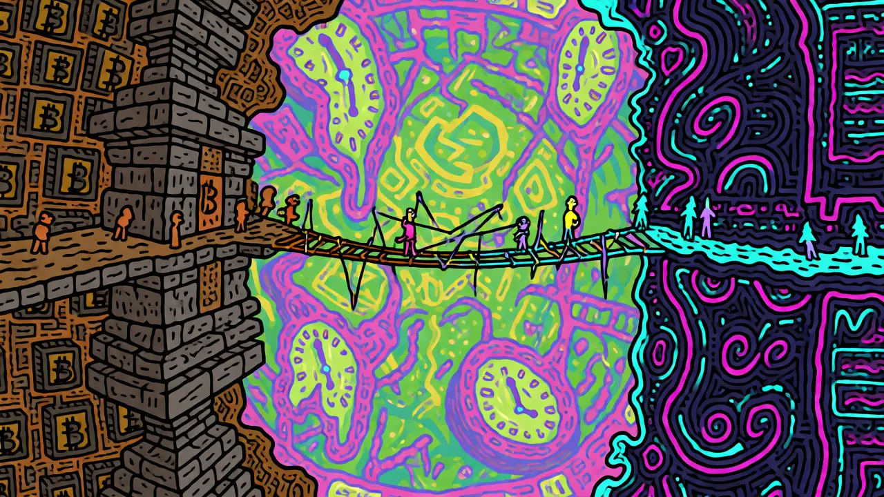 Surreal artwork depicting a bridge between Bitcoin and Ethereum via Core DAO technology.